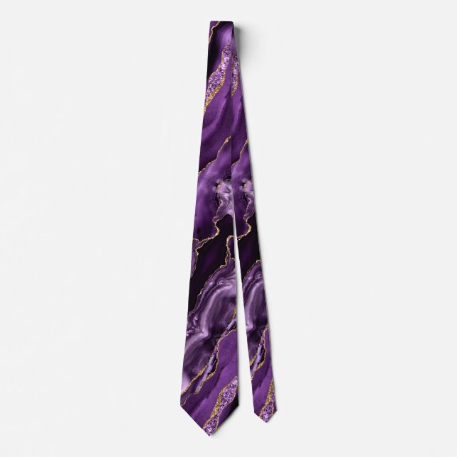 Agate Purple Violet Gold Sparkle Marble Neck Tie (Front)