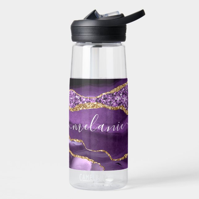 Agate Purple Violet Gold Sparkle Name Water Bottle (Left)