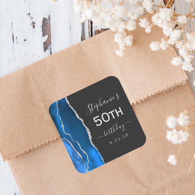 Agate Royal Blue Silver Dark 50th Birthday Square Sticker (Creator Uploaded)