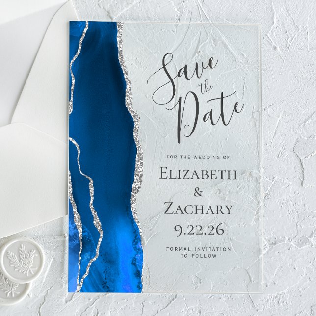 Agate Royal Blue Silver Wedding Save the Date Acrylic Invitations (Creator Uploaded)