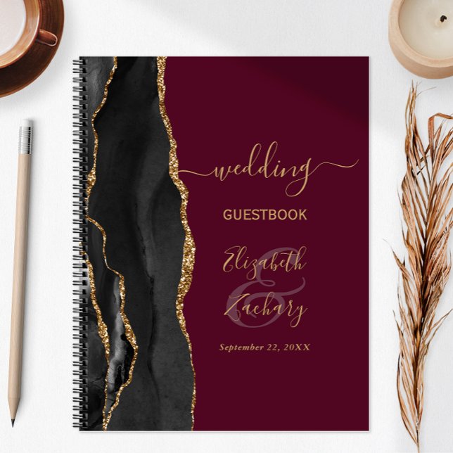 Agate Script Black Gold Burgundy Wedding Guest Notebook (Creator Uploaded)