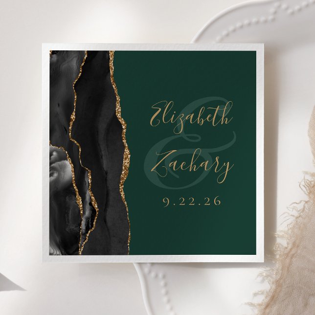 Agate Script Black Gold Emerald Green Wedding Napkin (Creator Uploaded)