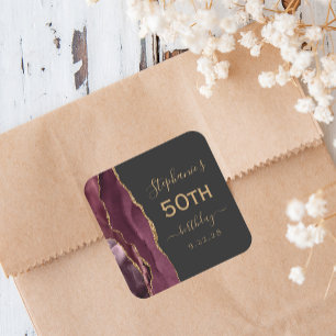 Agate Script Burgundy Gold Dark 50th Birthday Square Sticker