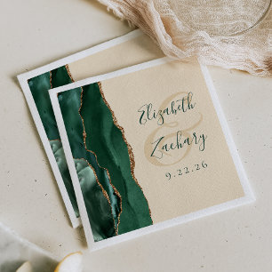 Agate Script Emerald Green Gold Champagne Wedding Napkin