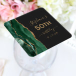 Agate Script Emerald Green Gold Dark 50th Birthday Square Paper Coaster<br><div class="desc">These elegant modern 50th birthday party coasters features an emerald green watercolor agate geode design trimmed with faux gold glitter. Easily customize the gold-coloured text on a slate black background with the name of the guest of honour,  the birthday year and the date.</div>