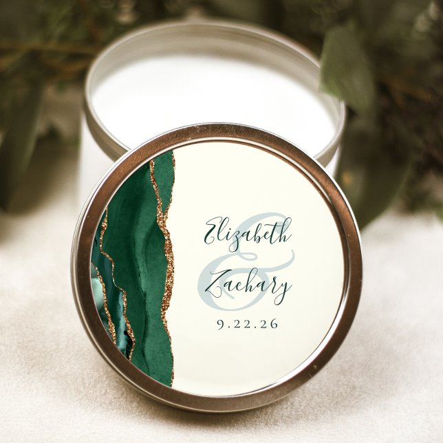 Agate Script Emerald Green Gold Ivory Wedding Classic Round Sticker (Creator Uploaded)