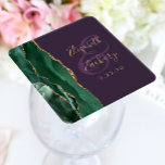 Agate Script Emerald Green Gold Purple Wedding Square Paper Coaster<br><div class="desc">This elegant modern wedding coaster features an emerald green watercolor agate geode design trimmed with faux gold glitter. Easily customize the gold-coloured text on a purple background,  with the names of the bride and groom in handwriting calligraphy over a large ampersand.</div>