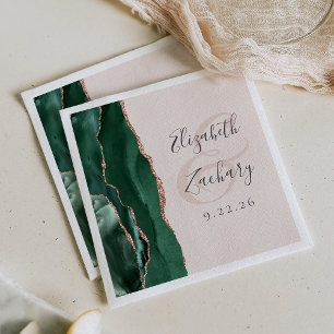 Agate Script Emerald Green Rose Gold Blush Wedding Napkin