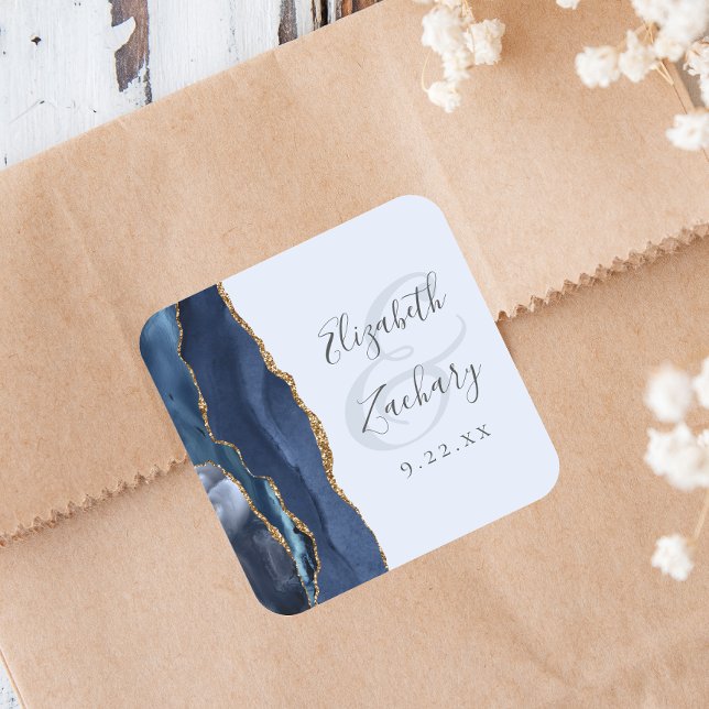 Agate Script Navy Pale Blue Gold Wedding Square Sticker (Creator Uploaded)