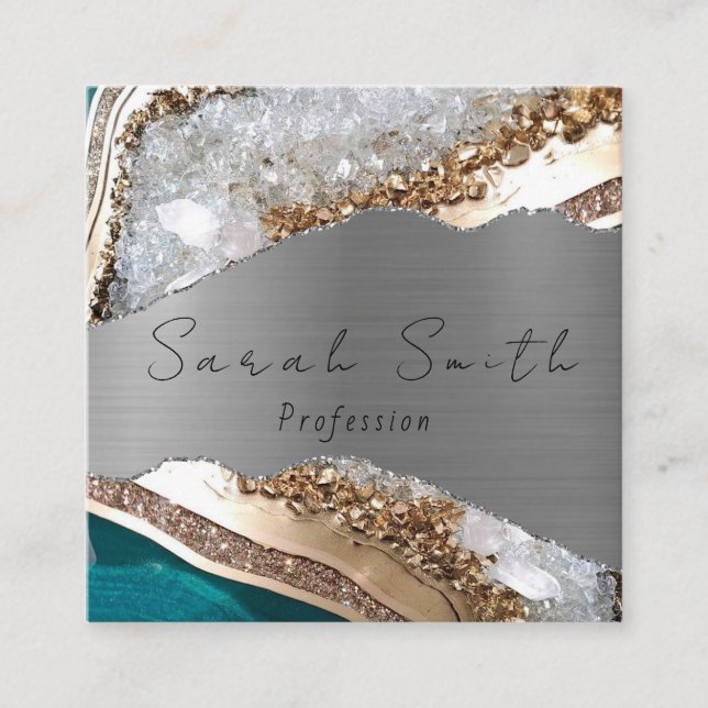 Agate Stone Marble Silver Elegant Square Business Card (Front)