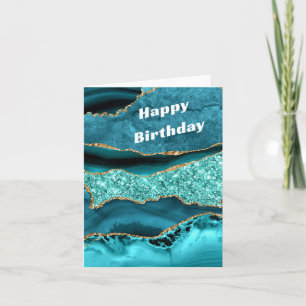 Agate Teal Blue Gold Aqua Turquoise Birthday Card
