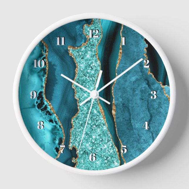 Agate Teal Blue Gold Aqua Turquoise Clock (Front)