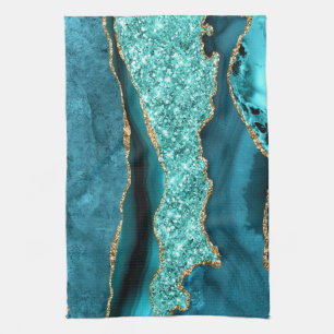 Agate Teal Blue Gold Aqua Turquoise Kitchen Towel