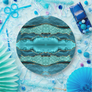 Agate Teal Blue Gold Aqua Turquoise Paper Plates
