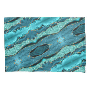 Agate Teal Blue Gold Aqua Turquoise Pillow Case