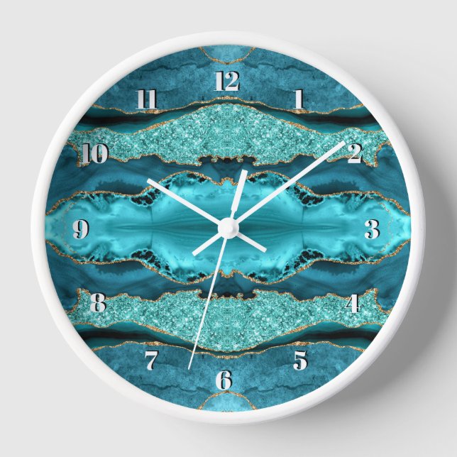 Agate Teal Blue Gold Aqua Turquoise Wall Clock (Front)