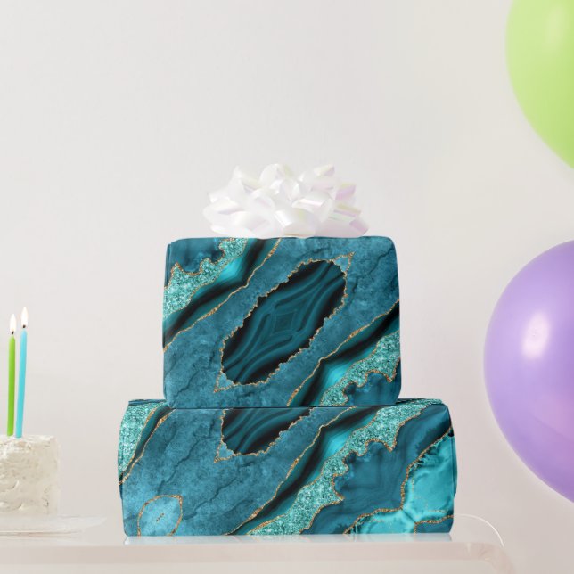 Agate Teal Blue Gold Aqua Turquoise Wrapping Paper (Party Gifts)