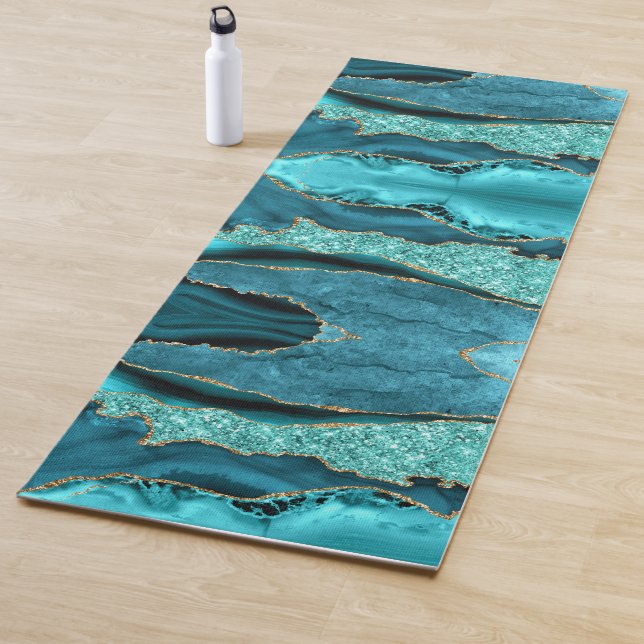 Agate Teal Blue Gold Aqua Turquoise Yoga Mat (In Situ)