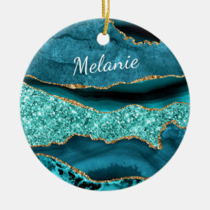 Agate Teal Blue Gold Custom Name Aqua Turquoise Ceramic Ornament