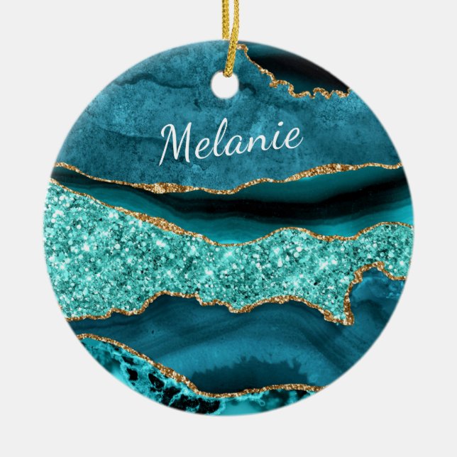 Agate Teal Blue Gold Custom Name Aqua Turquoise Ceramic Ornament (Front)