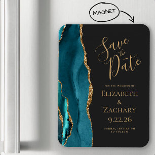 Agate Teal Blue Gold Dark Wedding Save the Date Magnet