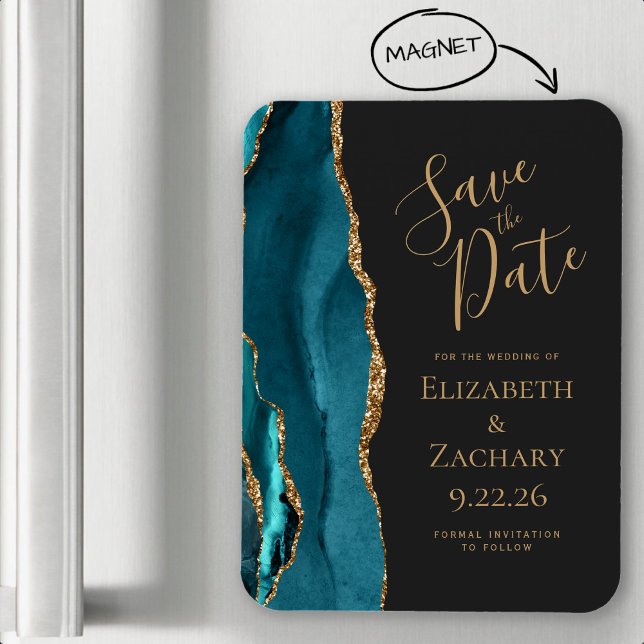 Agate Teal Blue Gold Dark Wedding Save the Date Magnet (Creator Uploaded)