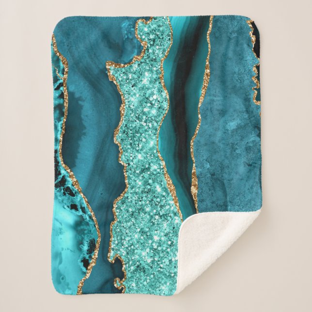 Agate Teal Blue Gold Glitter Aqua Turquoise Sherpa Blanket (Front)