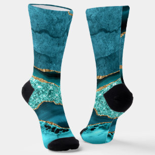 Agate Teal Blue Gold Glitter Aqua Turquoise Socks