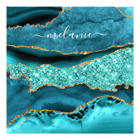 Agate Teal Blue Gold Glitter Gemstone Custom Name