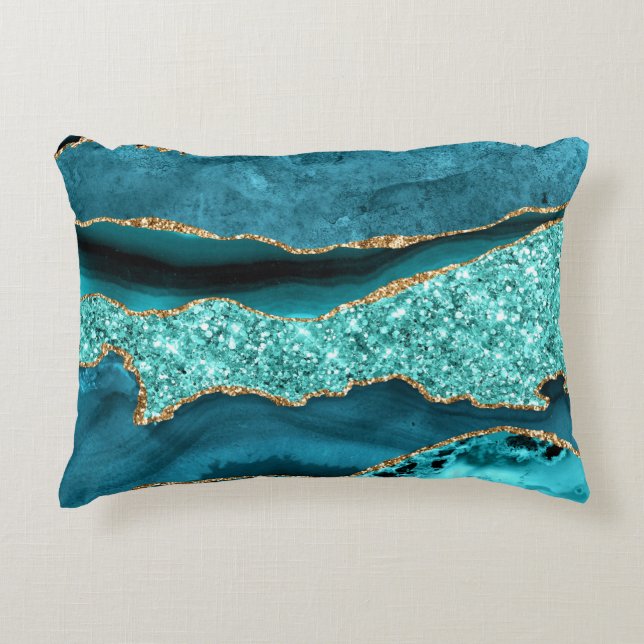 Agate Teal Blue Gold Glitter Marble Aqua Turquoise Accent Pillow (Front)