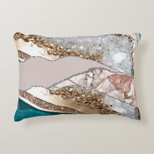 Agate Teal Blue Gold Glitter Marble Aqua Turquoise Accent Pillow