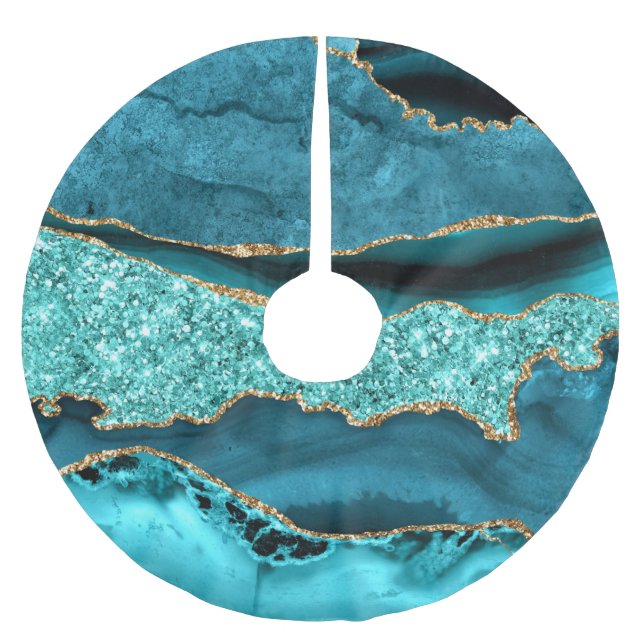 Agate Teal Blue Gold Glitter Marble Aqua Turquoise Brushed Polyester Tree Skirt (Front)