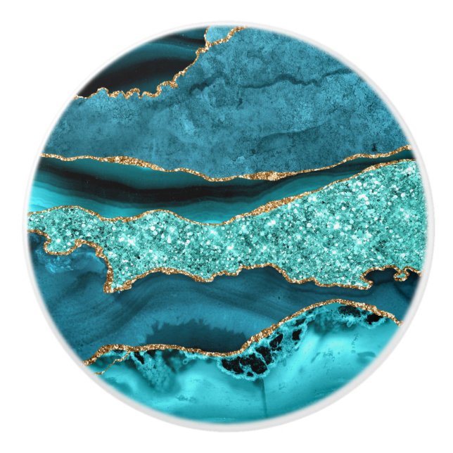 Agate Teal Blue Gold Glitter Marble Aqua Turquoise Ceramic Knob (Front)