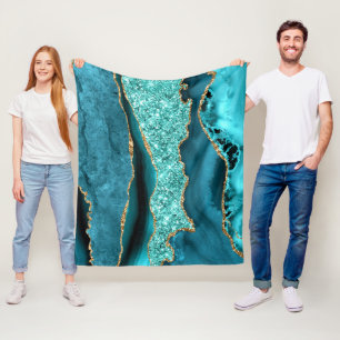 Agate Teal Blue Gold Glitter Marble Aqua Turquoise Fleece Blanket