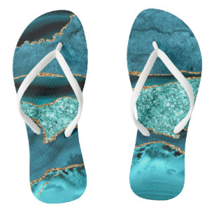 Agate Teal Blue Gold Glitter Marble Aqua Turquoise Flip Flops