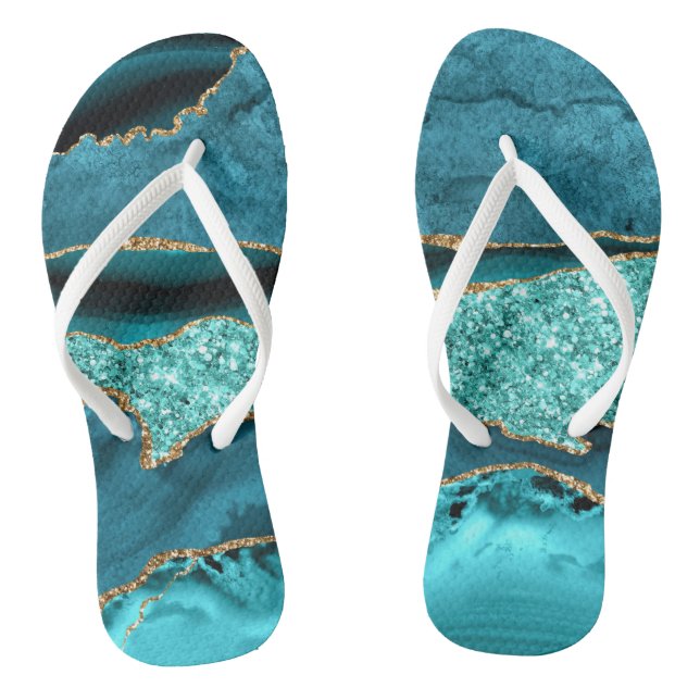 Agate Teal Blue Gold Glitter Marble Aqua Turquoise Flip Flops (Footbed)