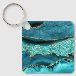 Agate Teal Blue Gold Glitter Marble Aqua Turquoise Keychain