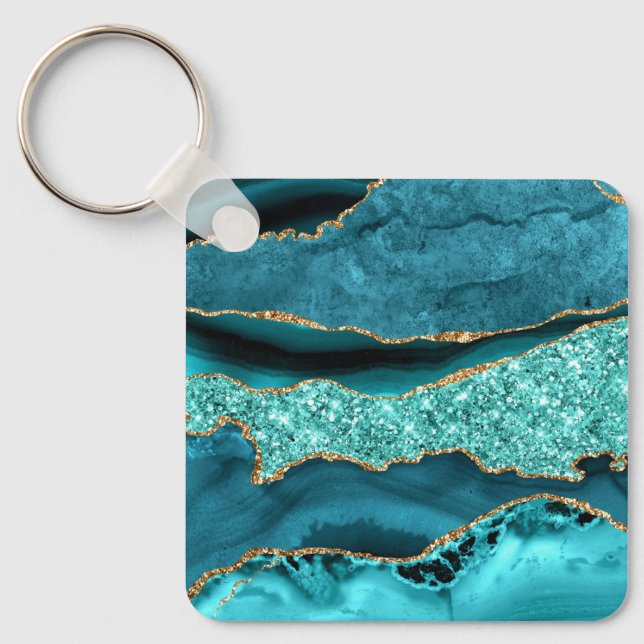 Agate Teal Blue Gold Glitter Marble Aqua Turquoise Keychain (Front)