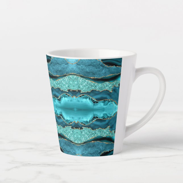 Agate Teal Blue Gold Glitter Marble Aqua Turquoise Latte Mug (Right)