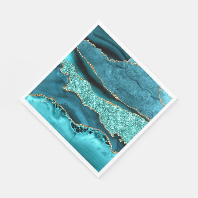 Agate Teal Blue Gold Glitter Marble Aqua Turquoise Napkin (Corner)