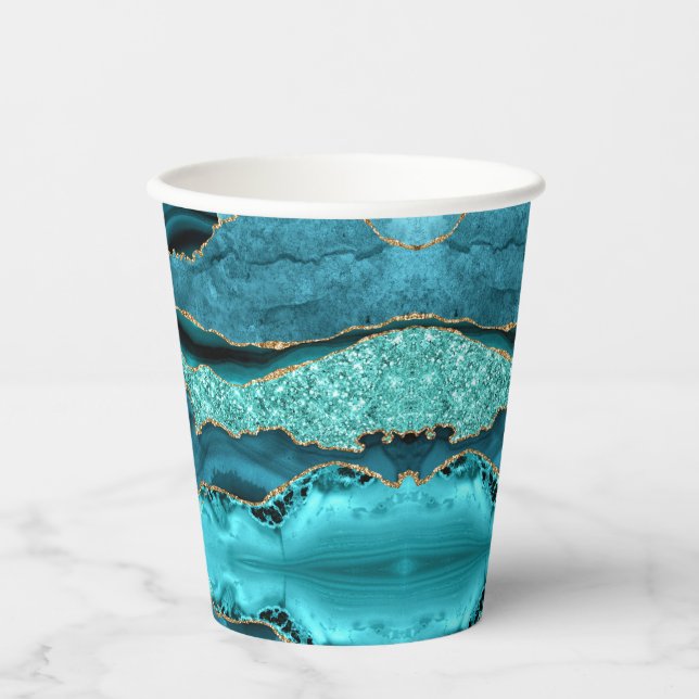 Agate Teal Blue Gold Glitter Marble Aqua Turquoise Paper Cups (Front)