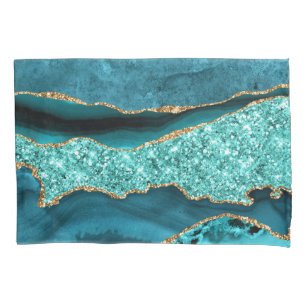 Agate Teal Blue Gold Glitter Marble Aqua Turquoise Pillowcase