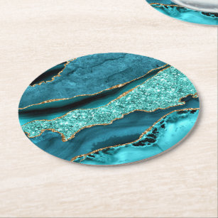 Agate Teal Blue Gold Glitter Marble Aqua Turquoise Round Paper Coaster