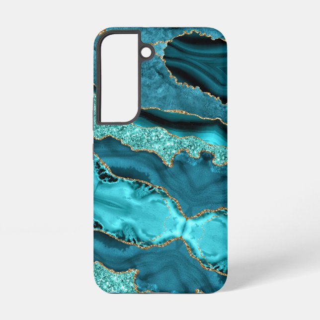 Agate Teal Blue Gold Glitter Marble Aqua Turquoise Samsung Galaxy S22 Case (Back)