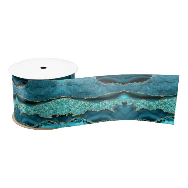 Agate Teal Blue Gold Glitter Marble Aqua Turquoise Satin Ribbon (Spool)