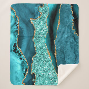 Agate Teal Blue Gold Glitter Marble Aqua Turquoise Sherpa Blanket