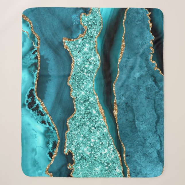 Agate Teal Blue Gold Glitter Marble Aqua Turquoise Sherpa Blanket (Front)