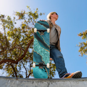 Agate Teal Blue Gold Glitter Marble Aqua Turquoise Skateboard