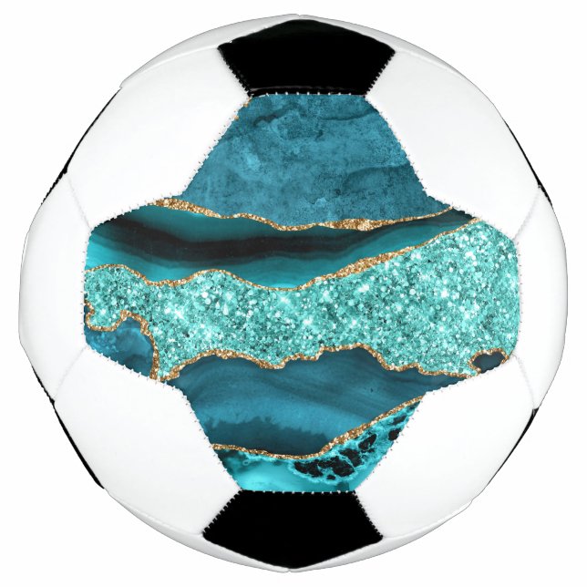 Agate Teal Blue Gold Glitter Marble Aqua Turquoise Soccer Ball (Front)