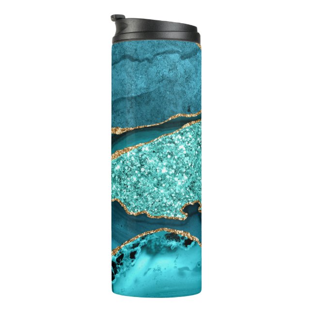 Agate Teal Blue Gold Glitter Marble Aqua Turquoise Thermal Tumbler (Rotated Right)